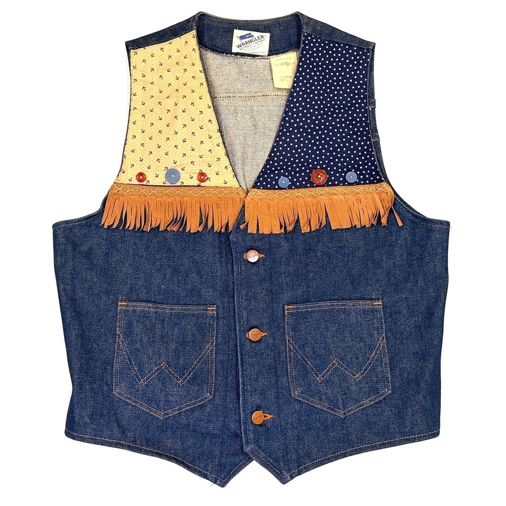 Vintage 70s Wrangler No Fault Denim Vest Womens L Western Cowboy Handmade USA - Picture 2 of 11